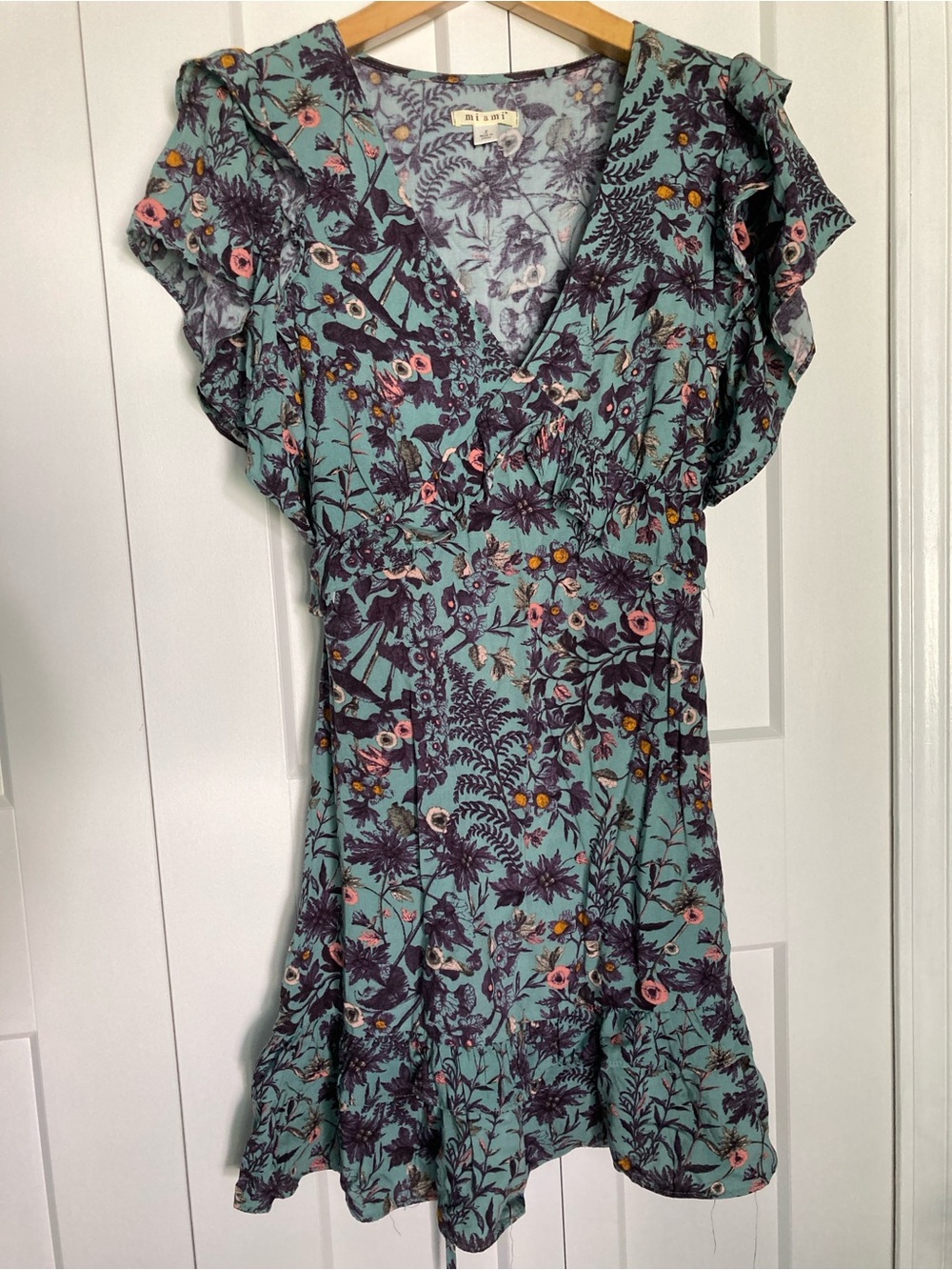 Miami Floral V-Neck Ruffle Dress in Teal Size Small